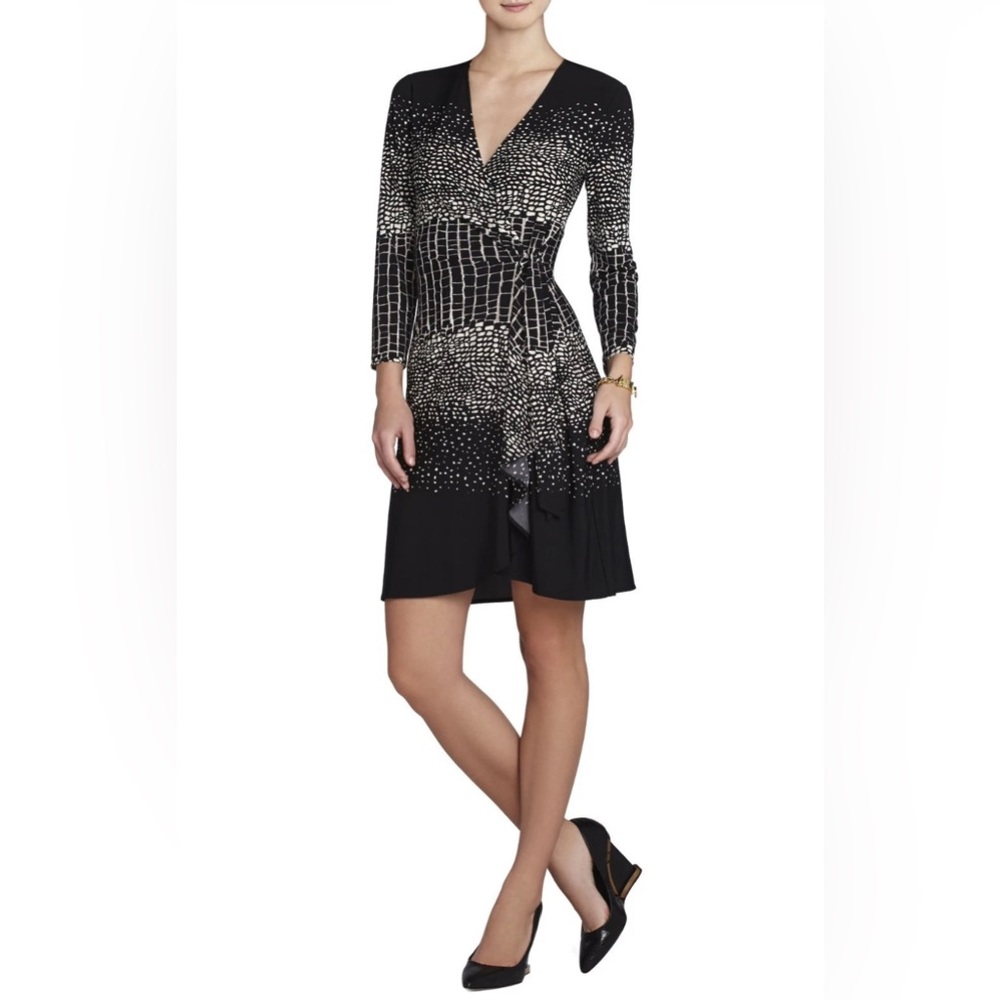 BCBGMaxAzria Wrap Dress M Black Cream Abstract Career Office Chic Midi